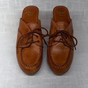 Vintage Kinney Shoes Women’s Brown Leather tie front wood heel mule / clog Sz 10